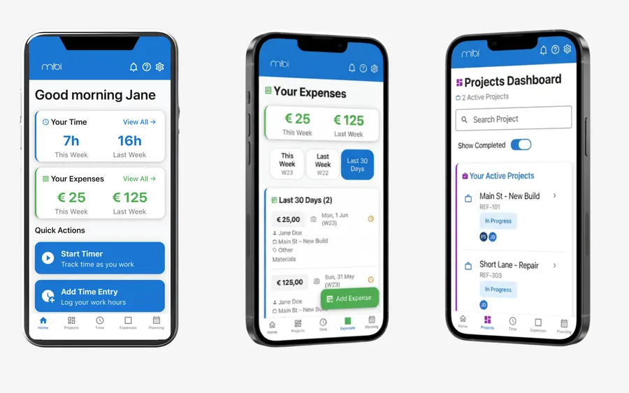 mibi field app – home, projects dashboard and project details on mobile