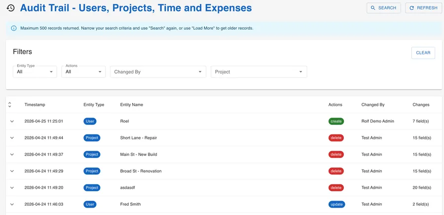 mibi web dashboard – audit trail for time, expense and project changes