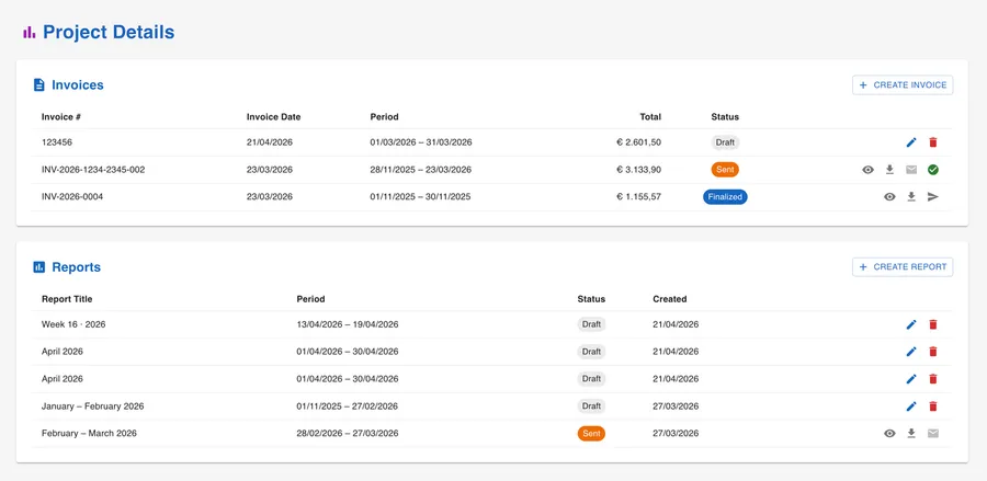 mibi web dashboard – project invoices and reports, ready for billing