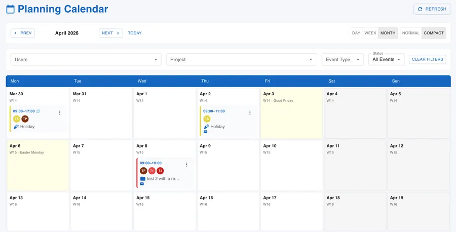 mibi web dashboard – team planning calendar