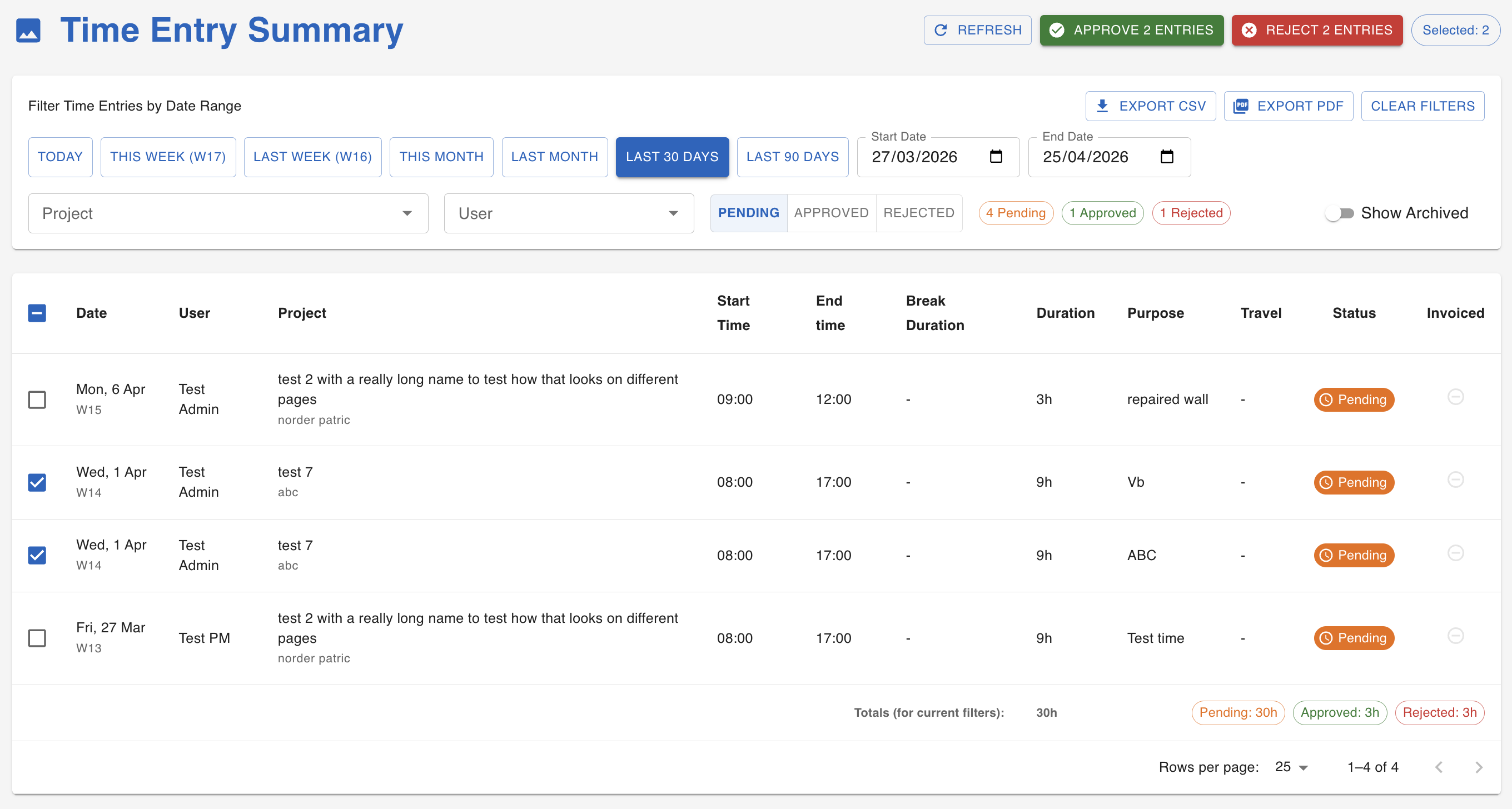 mibi web dashboard – time-entry summary with one-tap approvals