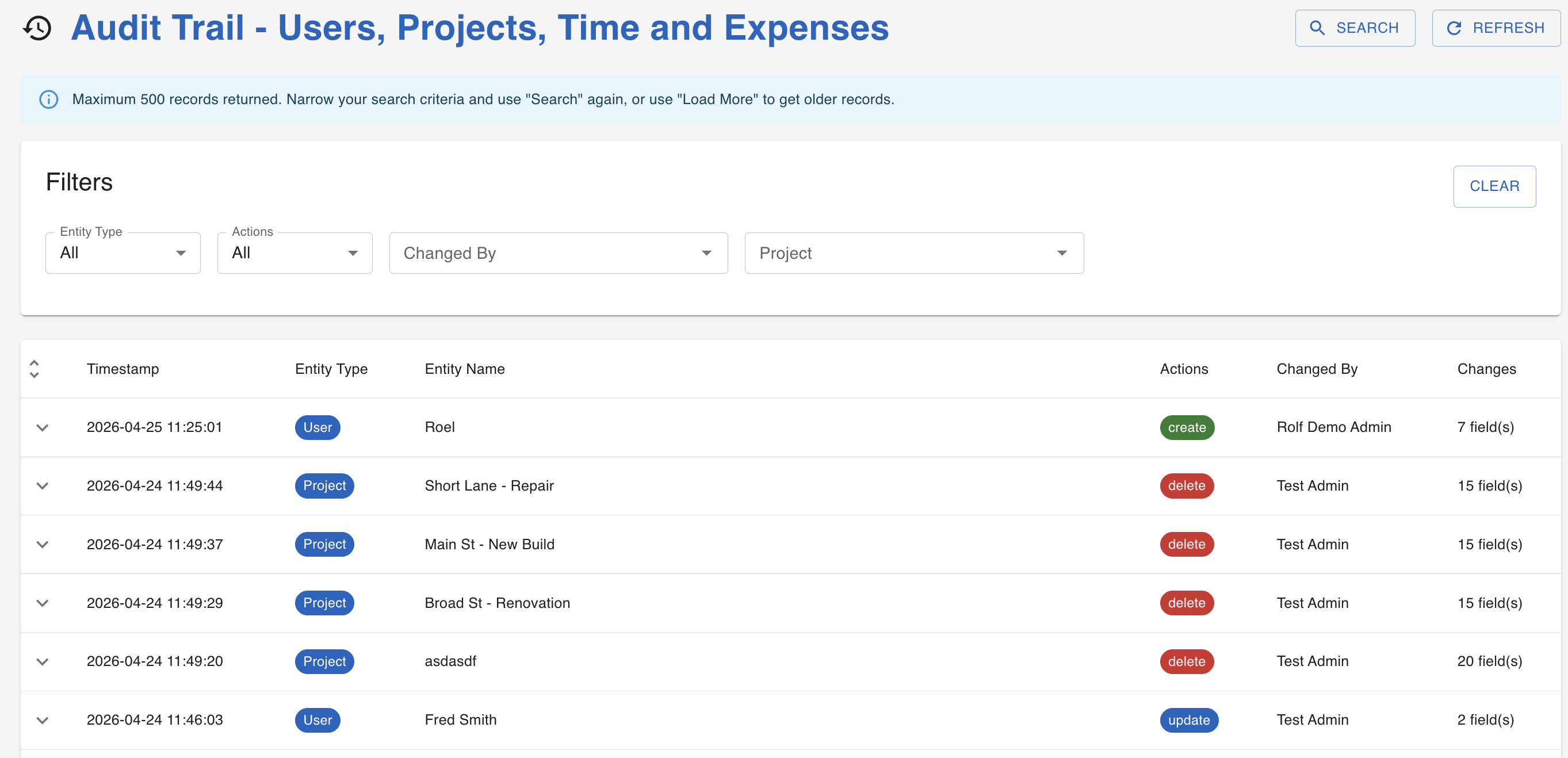 mibi web dashboard – audit trail for time, expense and project changes