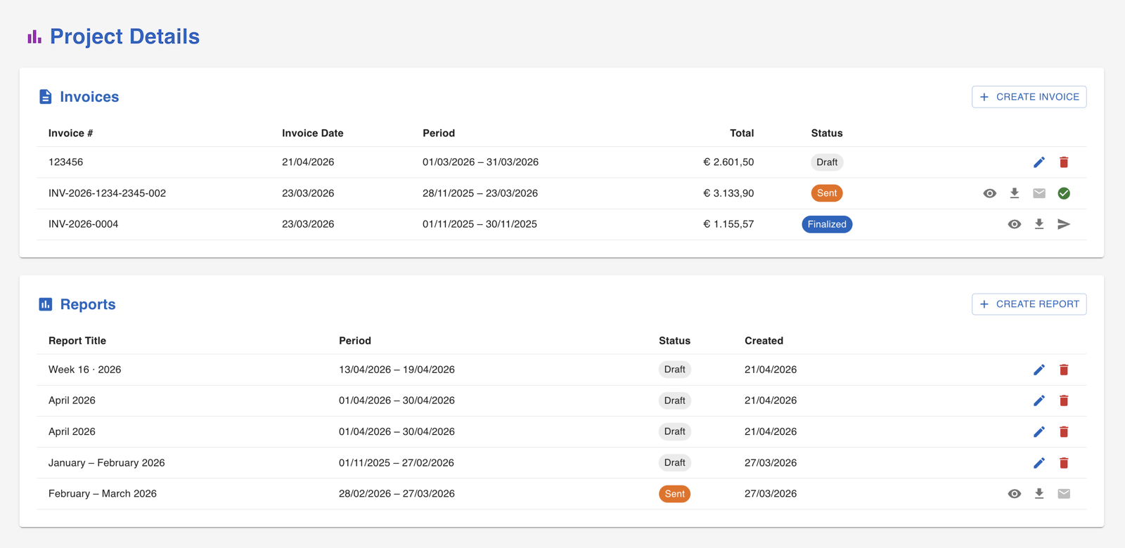 mibi web dashboard – project invoices and reports, ready for billing