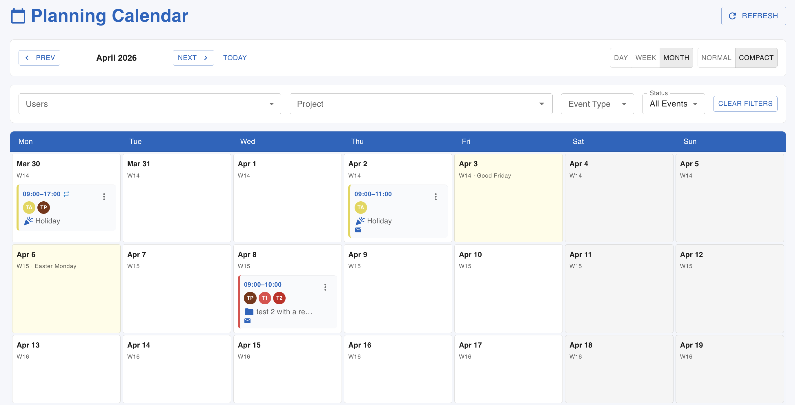 mibi web dashboard – team planning calendar